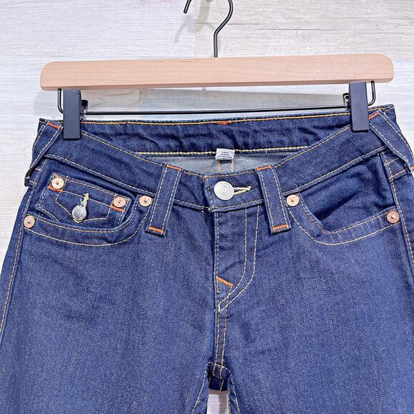 True Religion Flap Boot Cut Jeans Blue Dark Wash Low Rise Stretch Womens 27 - Picture 2 of 10